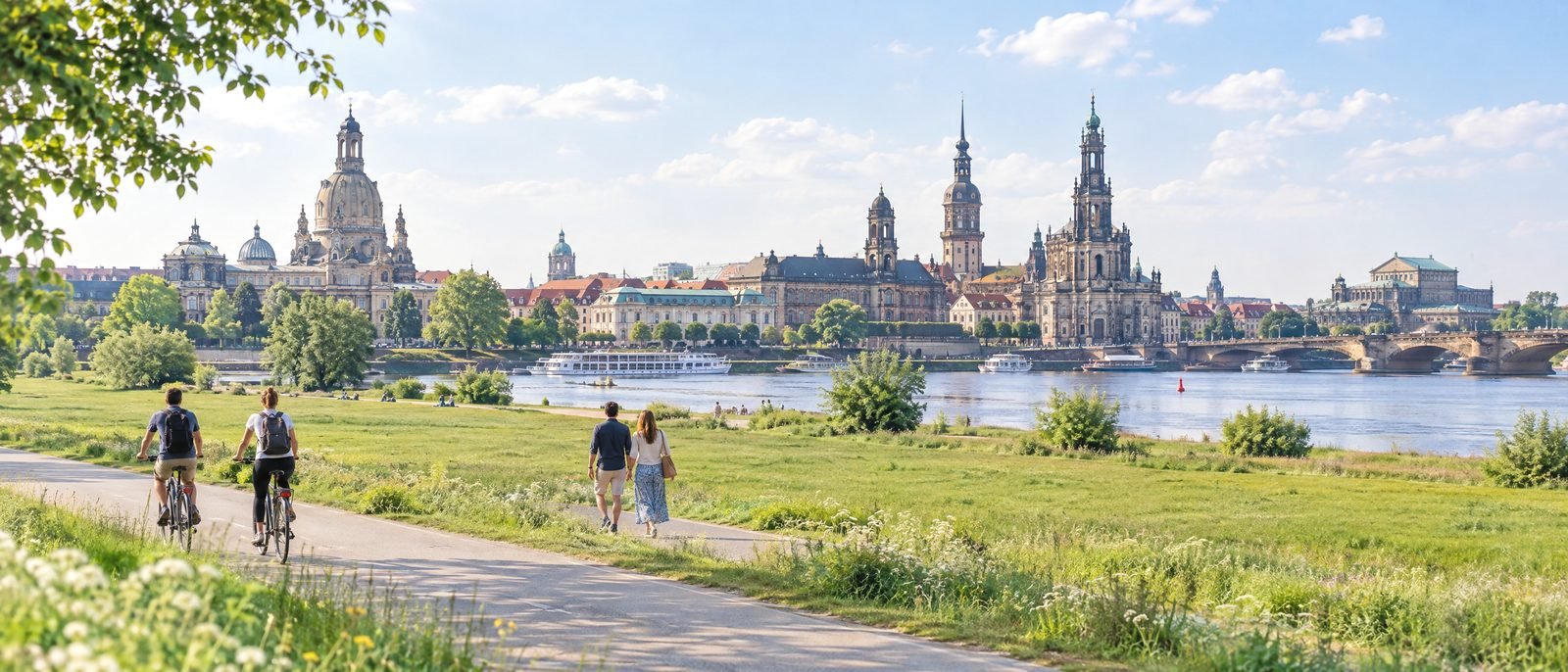 Elbwiesen in Dresden mit Blick auf die Altstadt
